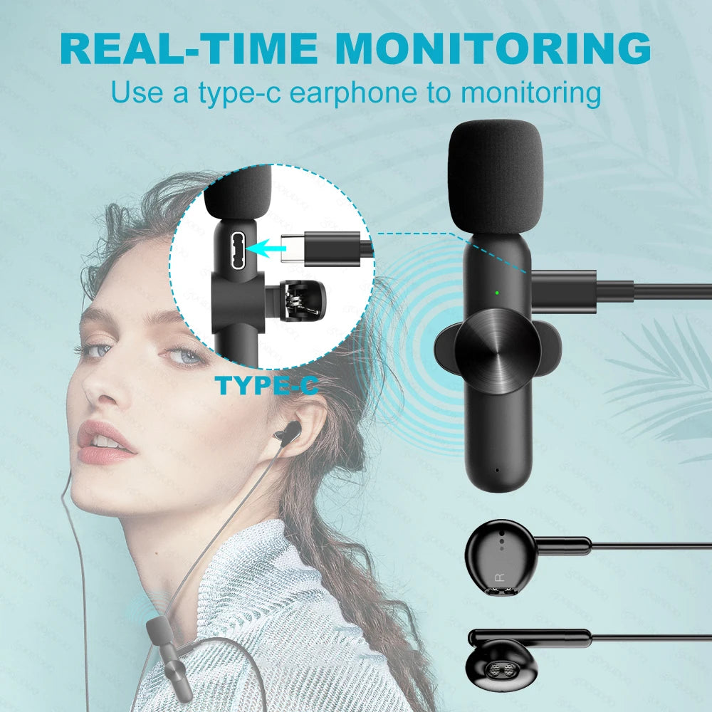 Wireless Lavalier Microphone Portable Audio Video Recording Mini Mic for Iphone Android Live Broadcast Gaming Phone Mic