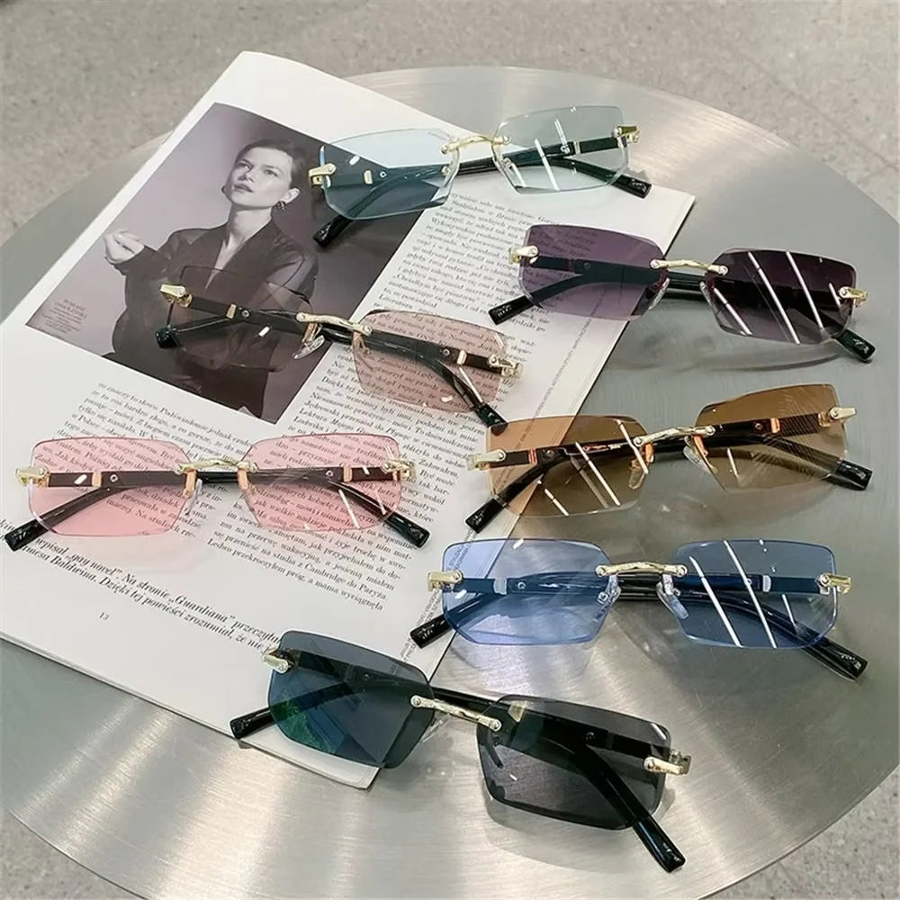 Unisex Rimless Rectangle Sunglasses - Small Square Shades Fashion 2025