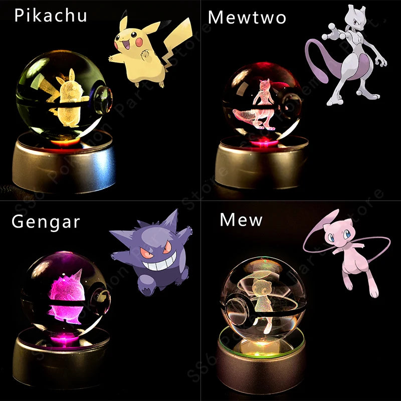 Pokemon Crystal Ball Lamp - 3D LED Night Light with Pikachu & More