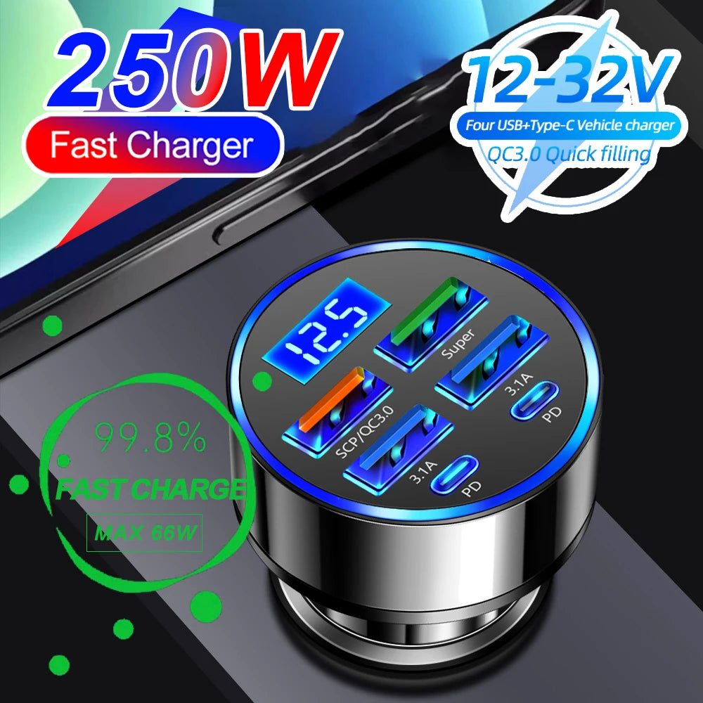 250W PD Car Charger QC3.0 Five Port Plug - Car Electronic Accessories
