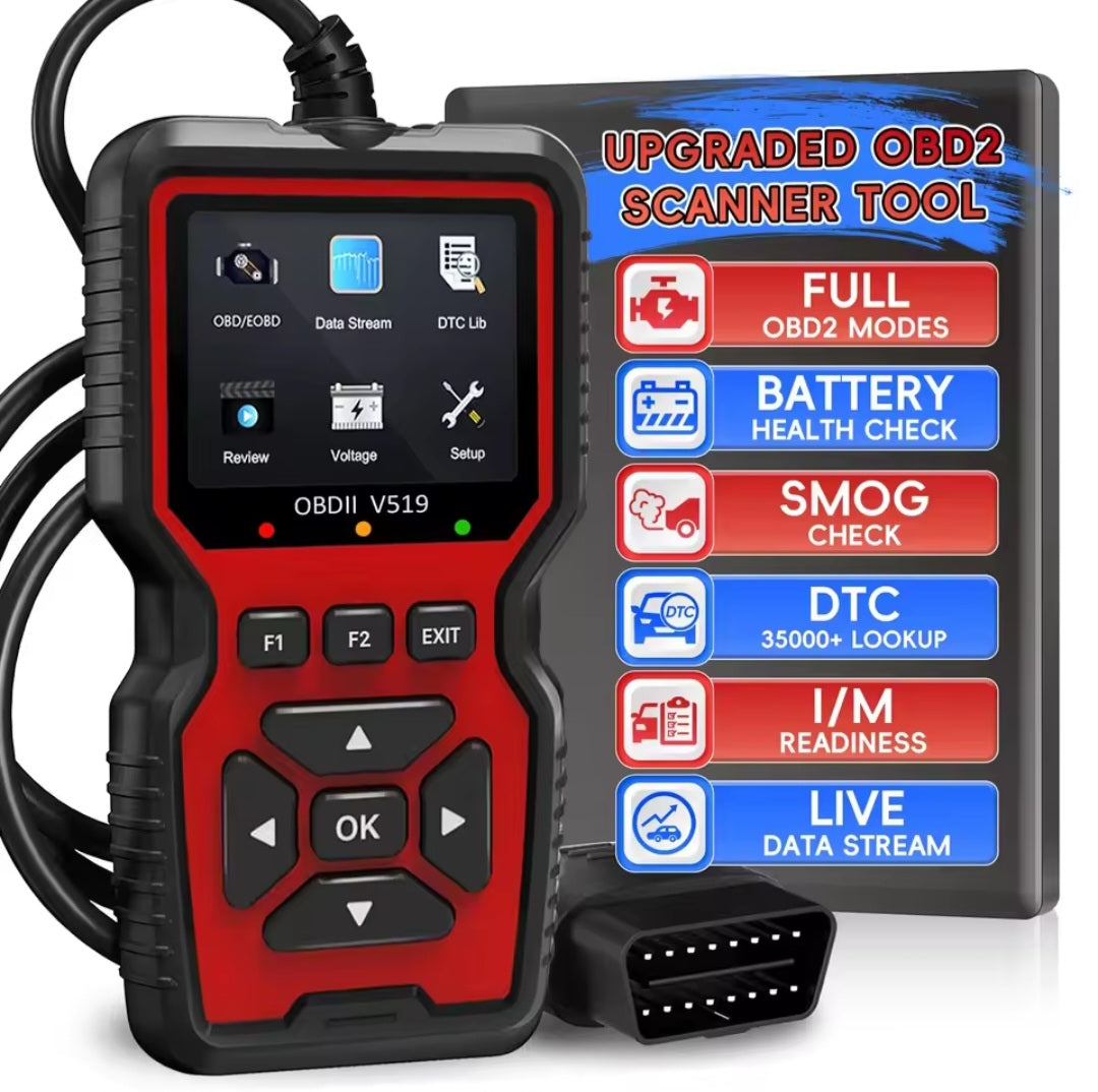 OBD2 scanner for check engine light with diagnostic options for battery health, smog check, and live data stream.