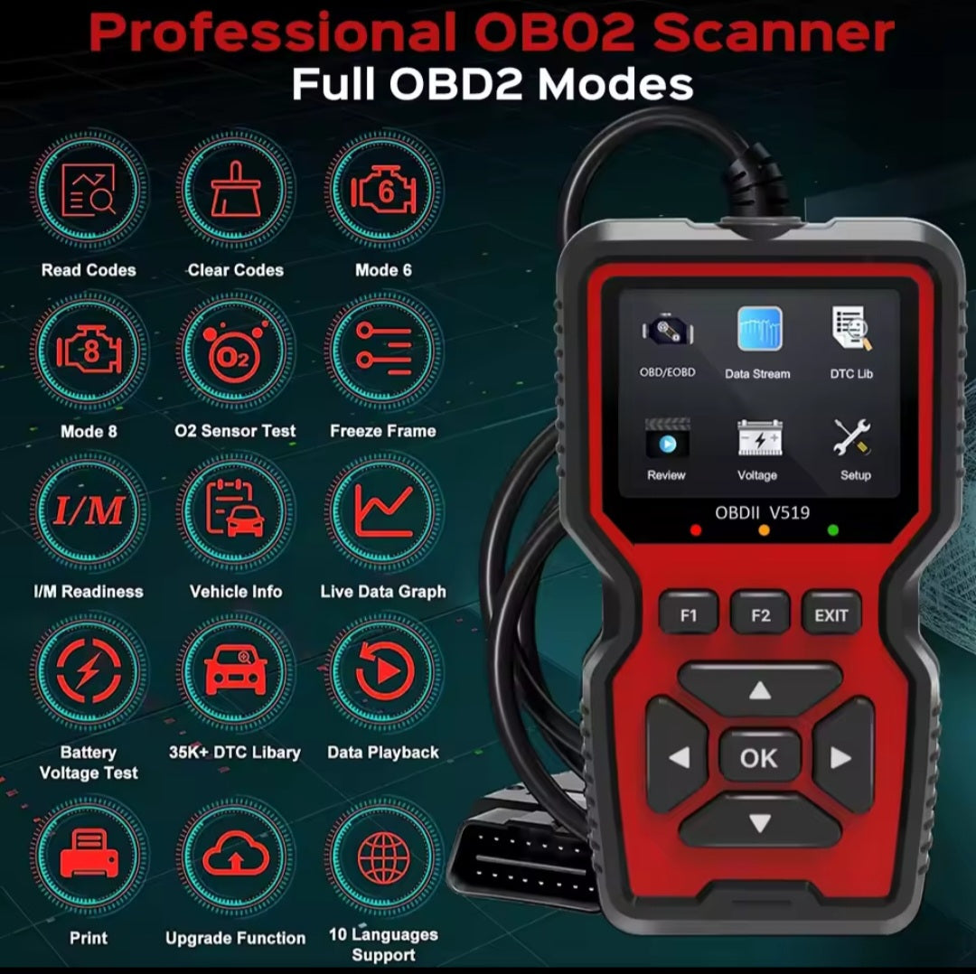 OBD2 scanner for check engine light with various diagnostic modes and features displayed.