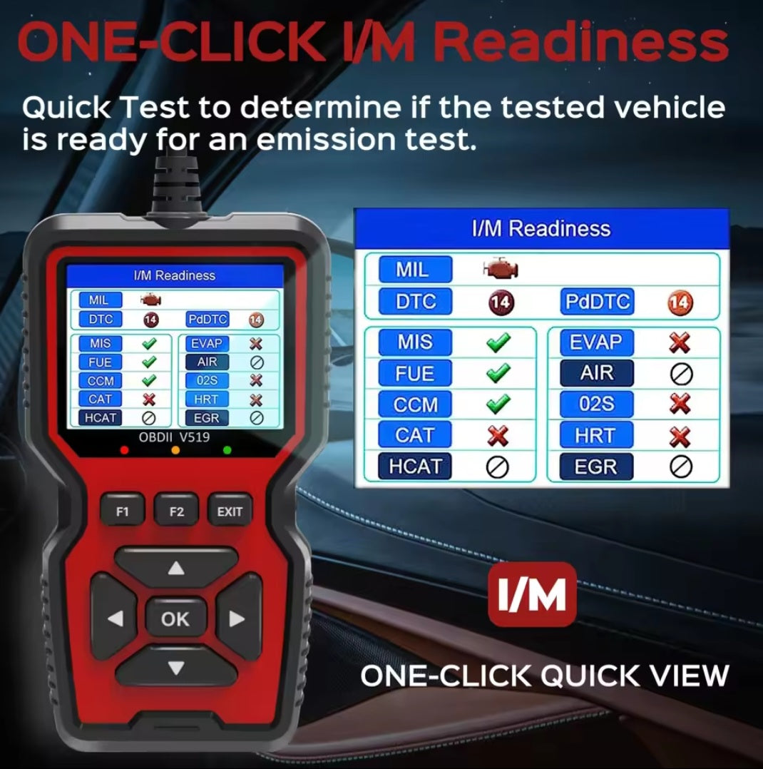 OBD2 scanner for check engine light with one-click I/M readiness feature for emission test readiness.