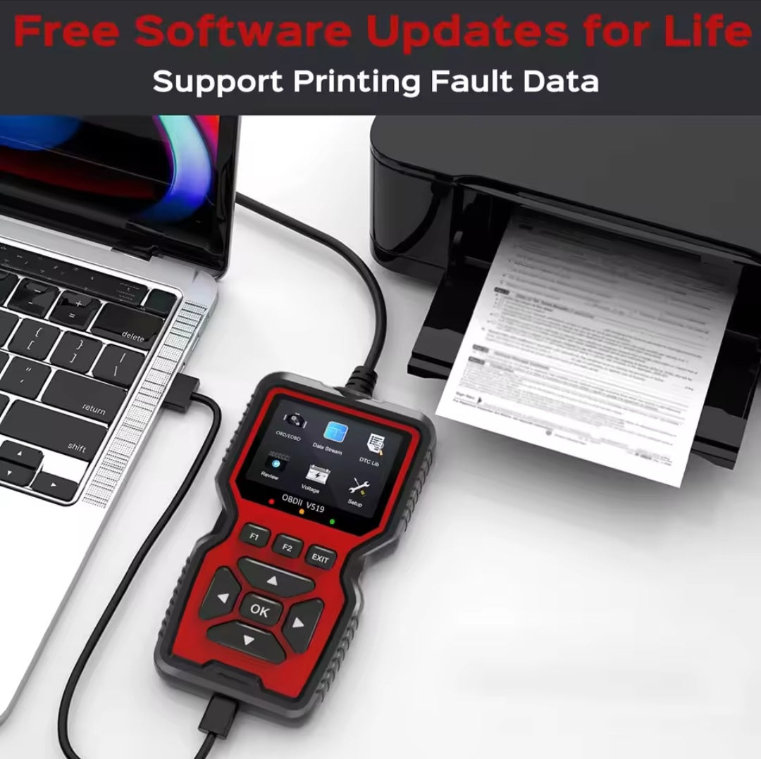 OBD2 scanner for check engine light connected to laptop, printing fault data with free software updates.