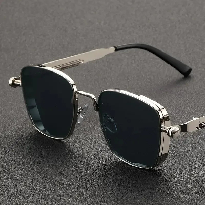 Men Vintage Steampunk Driving Sunglasses - Square Metal Frame Eyewear