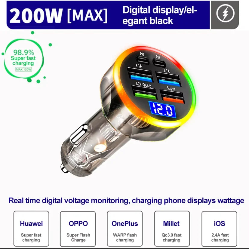 250W PD Car Charger QC3.0 Fast Charge One to Six Car Cigarette Lighter Plug 5 Port Car Charger Flash Charge with Digital Display