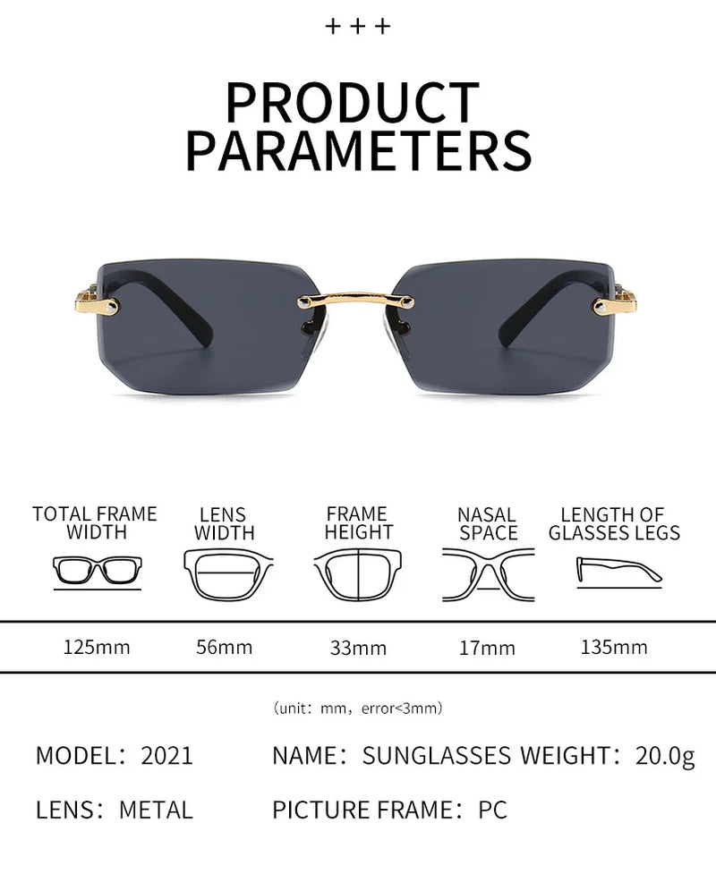 Rimless Sunglasses Rectangle Fashion Popular Women Men Shades Small Square Sun Glasses for Female Male Summer Traveling Oculos